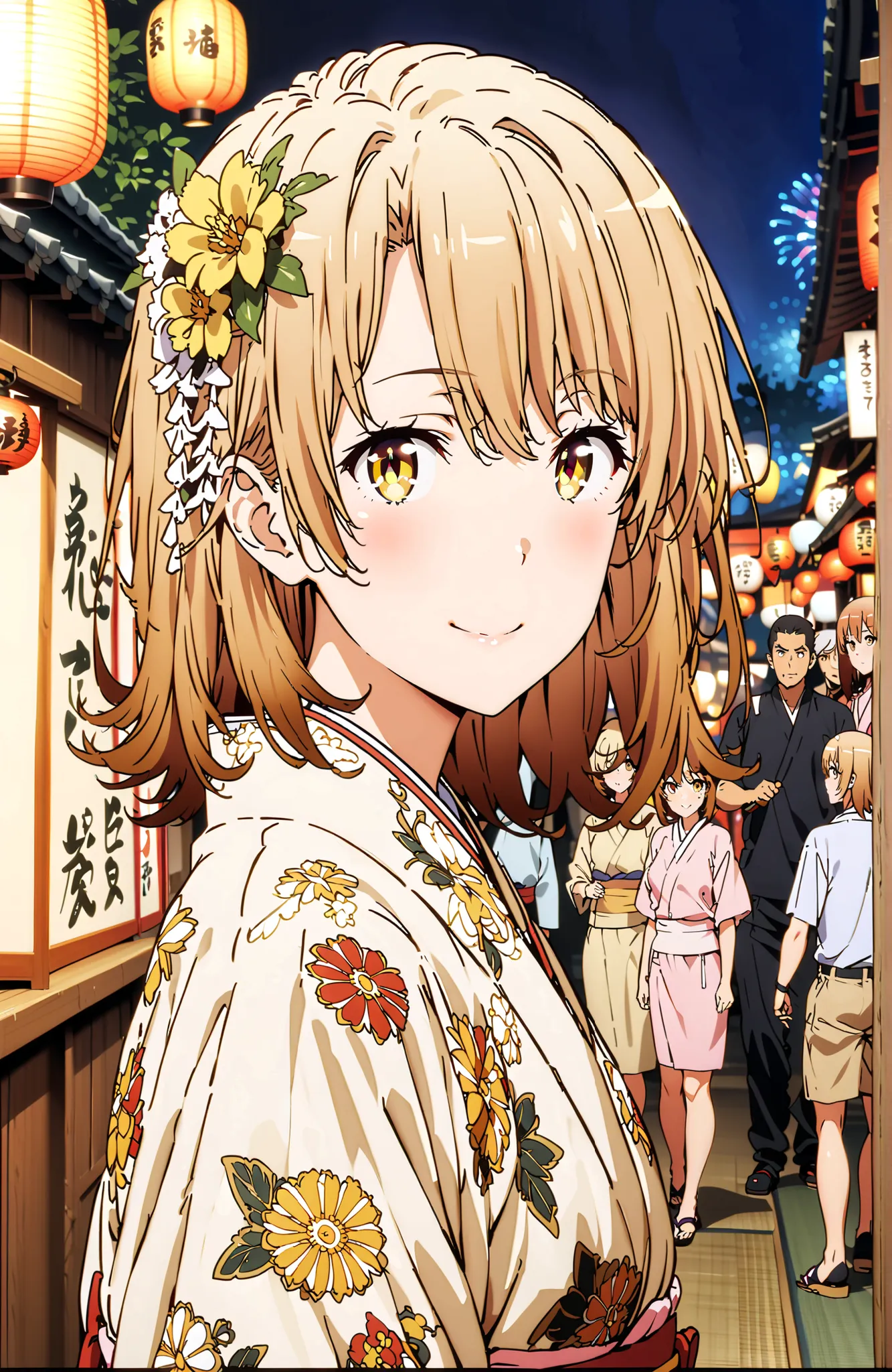 score_9, score_8_up, score_7_up, source_anime,
Iroha Isshiki, short hair, brown hair, brown eyes in the bedroom,flower hair ornament with ears,Yellow flower pattern kimono ,smile,blush,mouth,Light up fireworks,Red Lantern,Japanese stalls ,standing,night,in...
