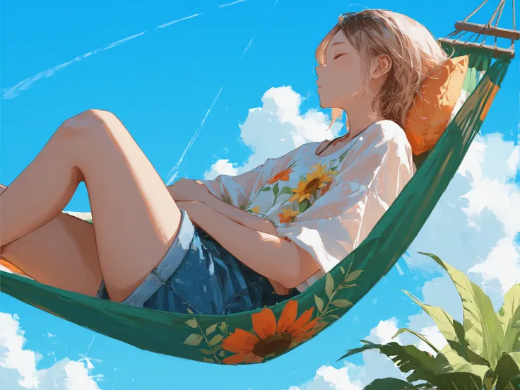medium shot, from side, masterpiece, 1 girl, summer-style clothes, stylish clothes, bright modern garden, Sleeping in a colorful hammock, summer, blue sky