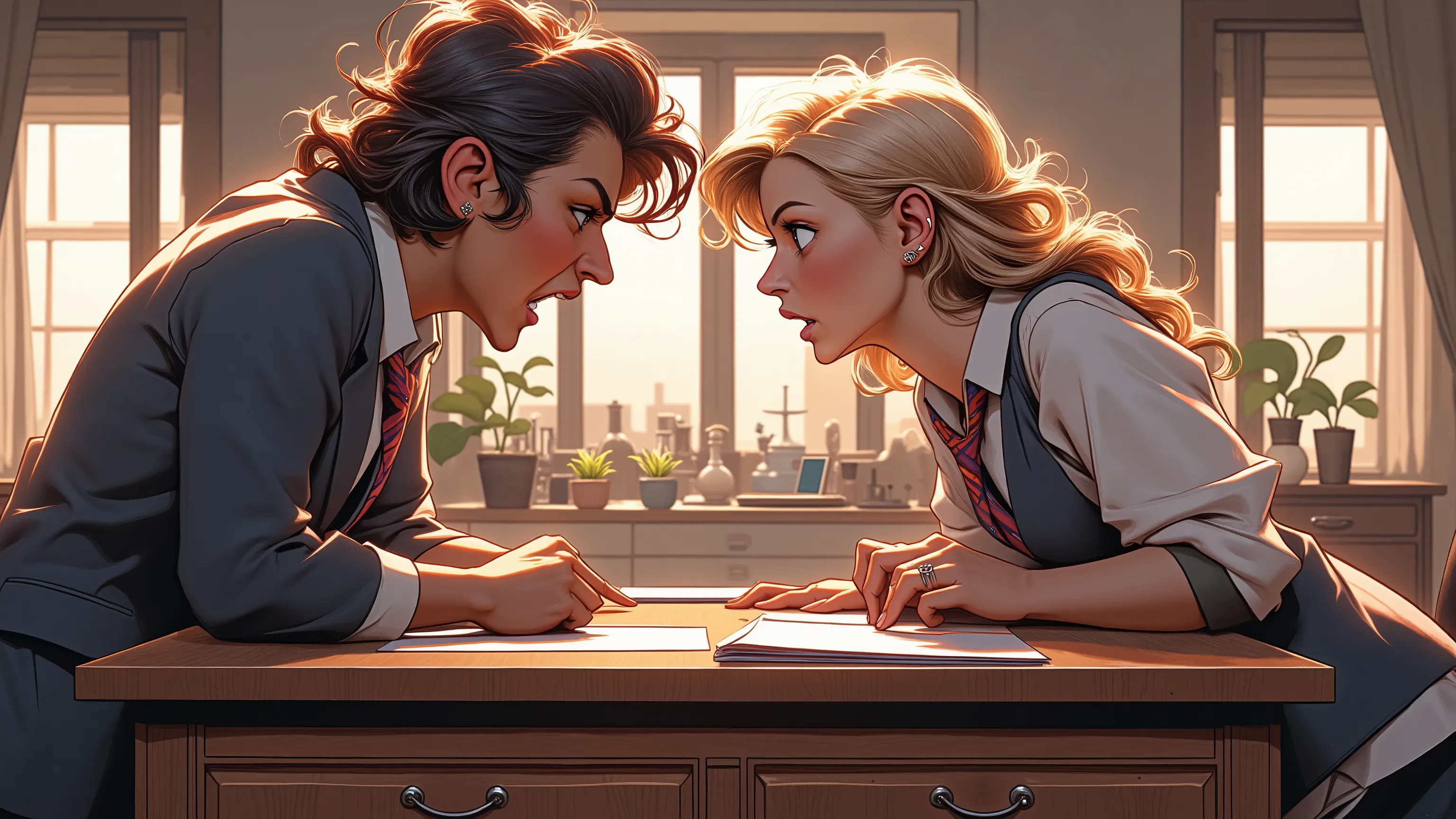 a 45 year old woman lawyer, dressed in a pantsuit is sitting in her office and is shouting, she is furious, at a 19 year old girl who is standing near her desk. the woman is sarcastic and rude, she has short black hair. a beautiful girl with long blond hai...