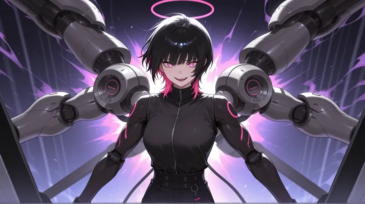 crazy atmosphere、Of the 4 arms, 2 arms are female members of a machine、wolf cut、bright colors、masterpiece、Highest Quality、8k