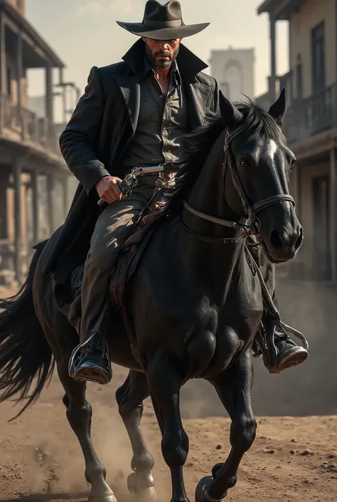 Hyper-realistic cinematic action scene of a Western gunslinger in medium shot, riding a black stallion, riding through a grimy, cold, old town. The gunslinger wears a worn, dark leather overcoat that billows behind him in the wind, and a wide-brimmed hat c...