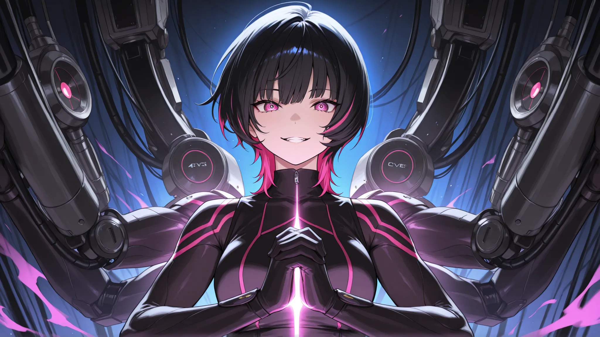 crazy atmosphere、Joining hands in prayer、Of the 4 arms, 2 arms are female members of a machine、wolf cut、bright colors、masterpiece、Highest Quality、8k