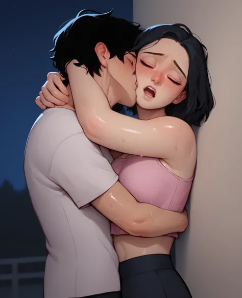 score_9, score_8_up, score_7_up, 1woman, solo, hair, closed eyes, fair skin, fair-skinned female, black hair bob, lovely medium breasts, perfect body, pink crop top, sweat, female organism, open mouth, looking at viewer, head tilt, nose blush, blush, in...