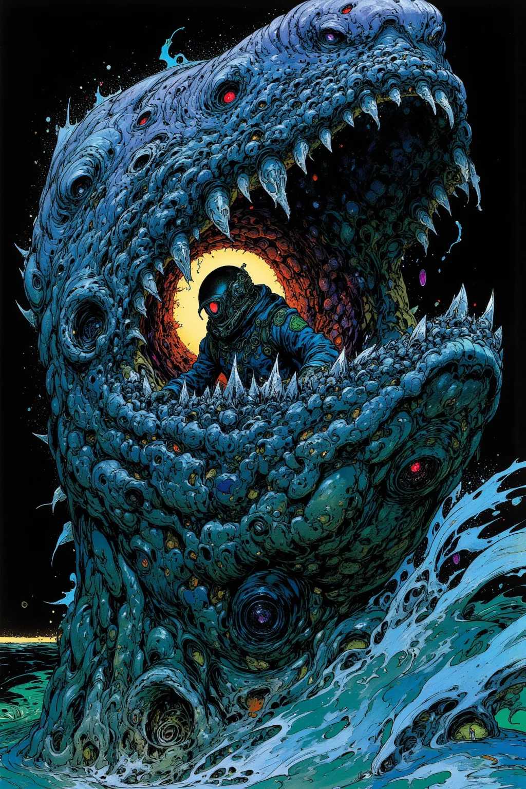  in a spacesuit crawls out of a decayed dead whale,Zuzisław Bekskie Architecture Of Expression of collapse and H.R.Fused with Giger's Biomechanical Elements,ULTRA REALISTIC DIGITAL PAINTING,full face helmet,Bioluminescent Whale Veins,scene is a Lovecraft-like seaside,Combines Giger's Biomechanical Elements,toxic purple accent,The lighting is a dramatic rimlight from an ectoplasmic umbilical cord,Shadow of a Young Figure, Transcendental Existence , Extremely Detailed and Amazing Artwork,  top of screen  ,Brilliant Contrast,Mysteries and Meditation,The passage of time  ,Fantastic and Hallucinatory Art,   dmt Death of Ego   , Psychedelic Horror ,Dark and Surreal Style,   DMT Egodes 