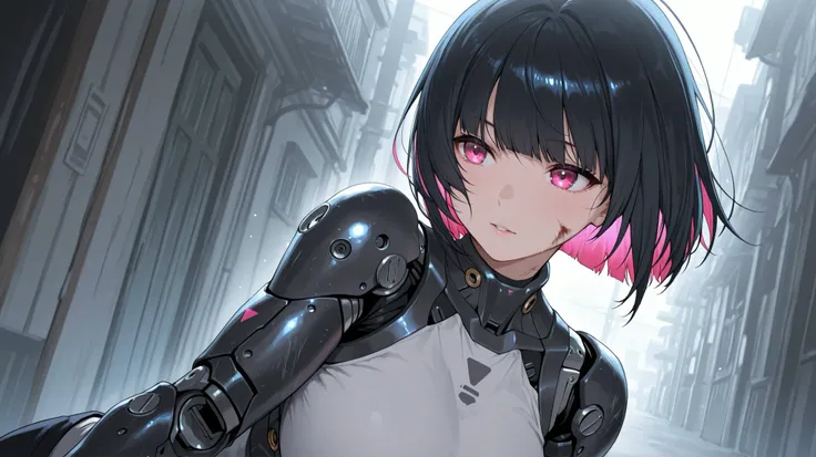 Brutal atmosphere、1 Japanese woman with 4 prosthetic arms、bob cut、the color of her inner hair is bright、bright colors、masterpiece、Highest Quality、8k