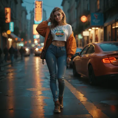 A cute 20 year old French woman with a cute little nose that looks great in jeans, key visual, vibrant,very detailed、full body、