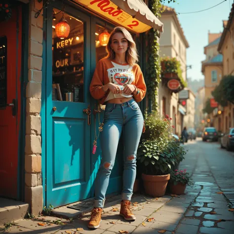 A cute 20 year old French woman with a cute little nose that looks great in jeans, key visual, vibrant,very detailed、full body、