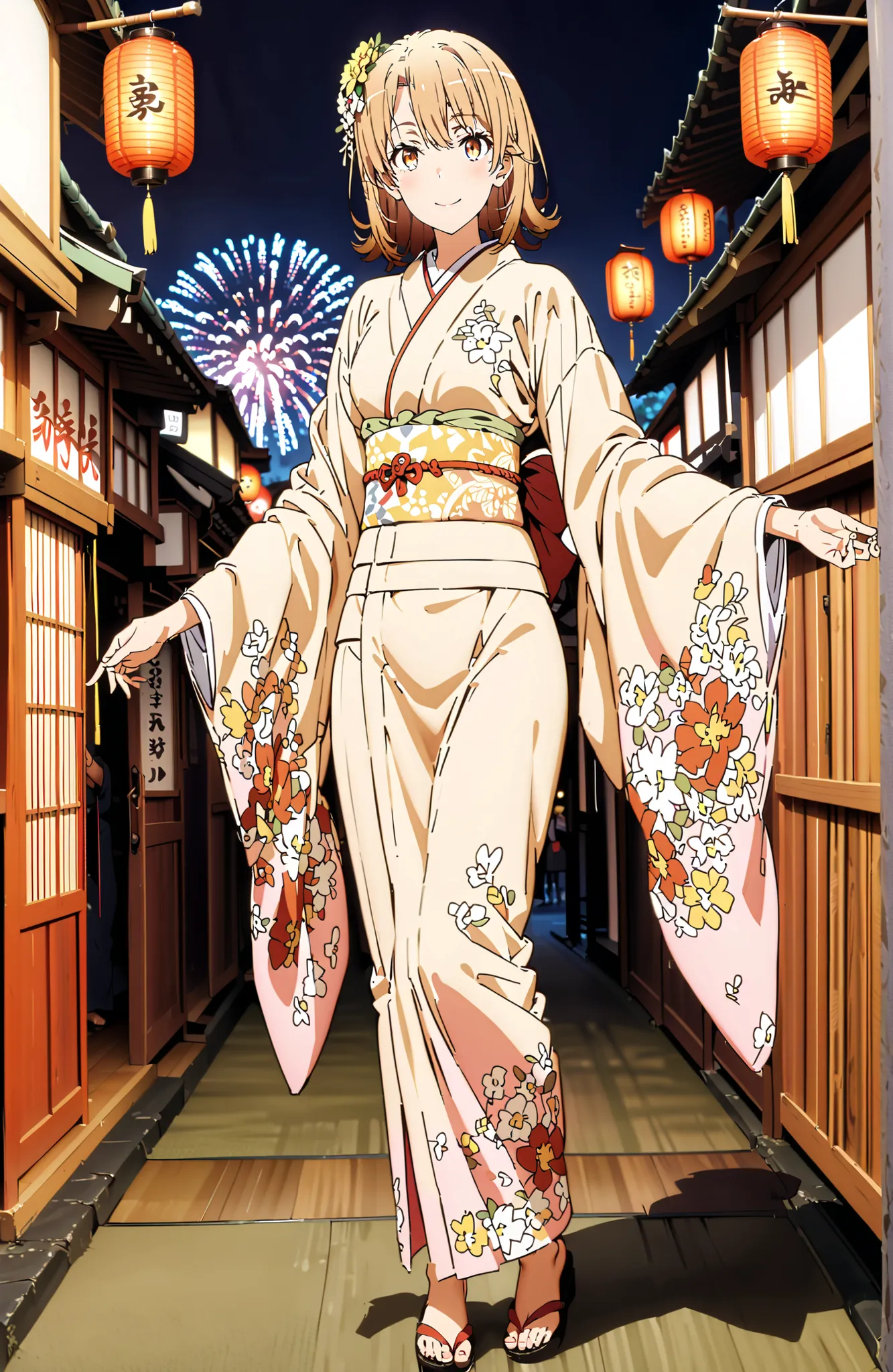 score_9, score_8_up, score_7_up, source_anime,
Iroha Isshiki, short hair, brown hair, brown eyes in the bedroom,flower hair ornament with ears,Yellow flower pattern kimono ,smile,blush,mouth,Light up fireworks,Red Lantern,Japanese stalls ,standing,night,in...