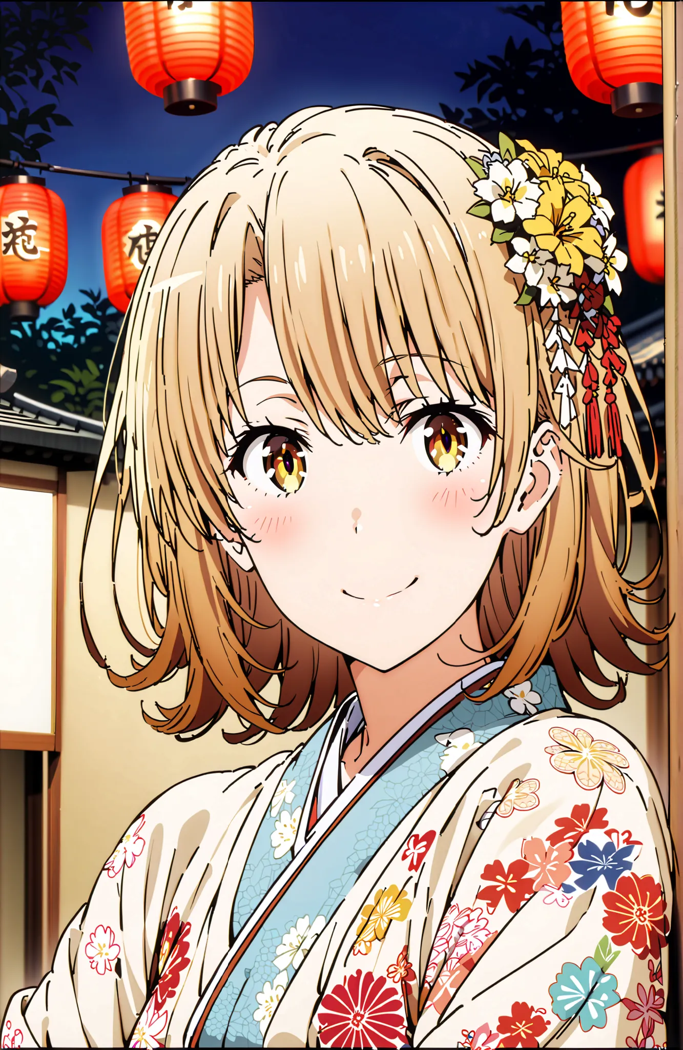 score_9, score_8_up, score_7_up, source_anime,
Iroha Isshiki, short hair, brown hair, brown eyes in the bedroom,flower hair ornament with ears,Yellow flower pattern kimono ,smile,blush,mouth,Light up fireworks,Red Lantern,Japanese stalls ,standing,night,in...