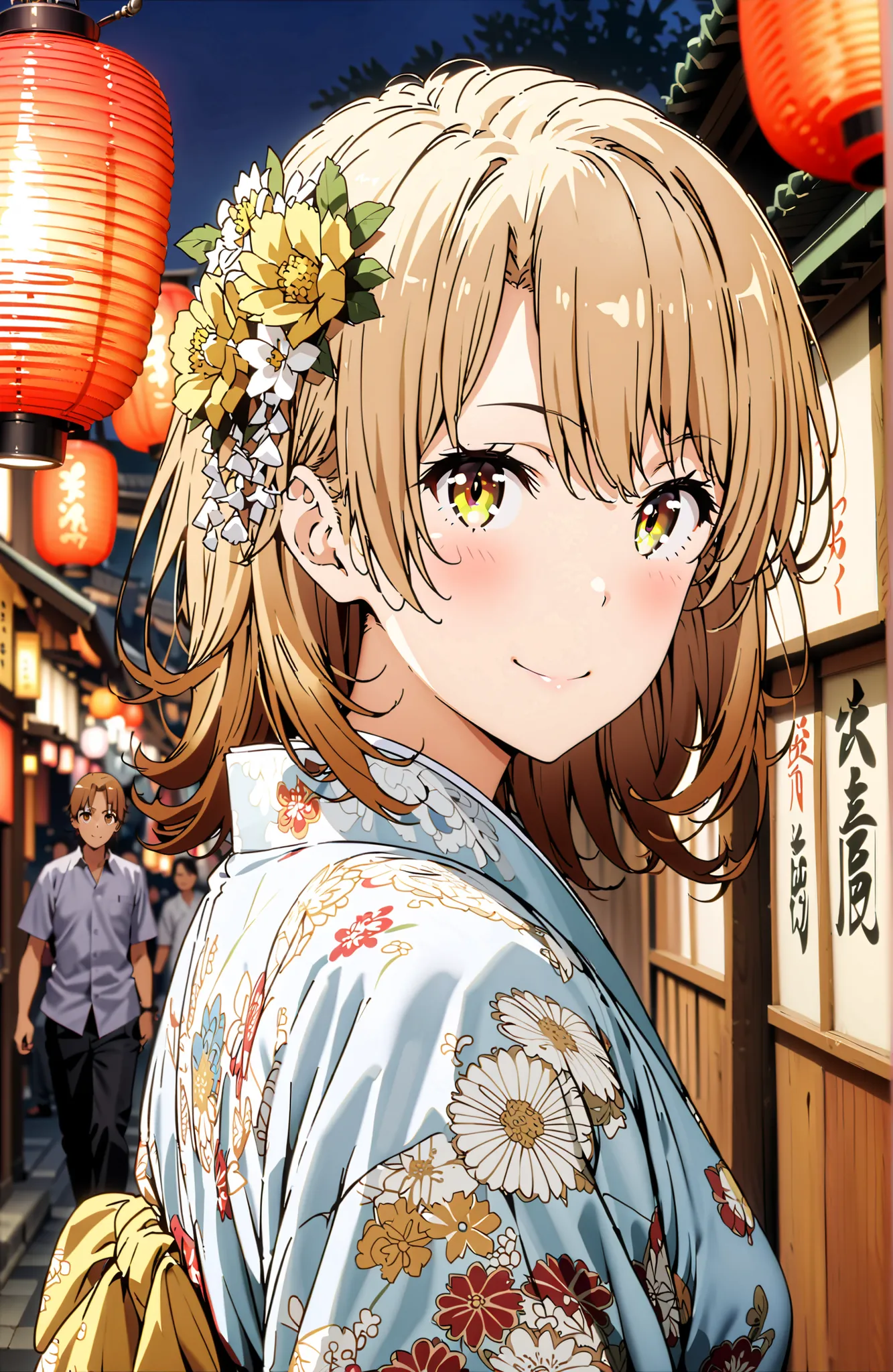 score_9, score_8_up, score_7_up, source_anime,
Iroha Isshiki, short hair, brown hair, brown eyes in the bedroom,flower hair ornament with ears,Yellow flower pattern kimono ,smile,blush,mouth,Light up fireworks,Red Lantern,Japanese stalls ,standing,night,in...
