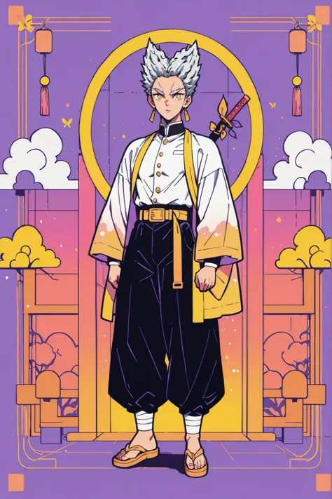 colorful back background with silver hair and yellow eyes, gay, One Punch Man[garou], Full body illustration, Referring to the Demon Slayer illustration