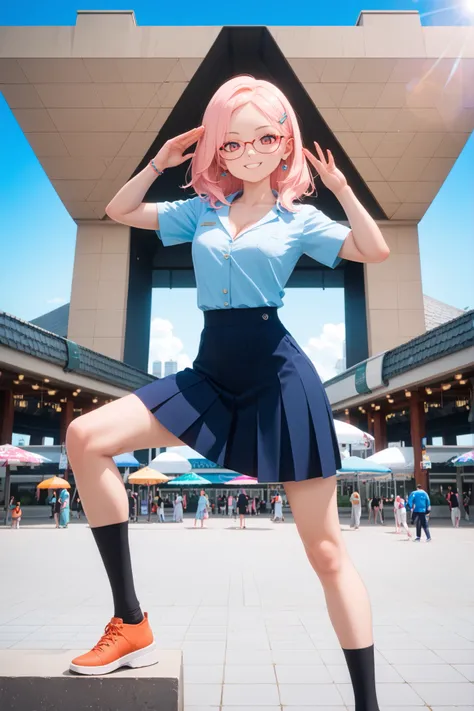 masterpiece, Highest Quality, vibrant, very aesthetic, high contrast,(３Women with human glasses), 3 cosplay girls, smile,uniform, cleavage,contrapost, S-Curve Pose, fashion model posing, open stance, dynamic pose, open your legs,  Two Finger Salute , put h...