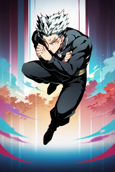 colorful back background with silver hair and yellow eyes, gay, One Punch Man[garou], Full body illustration, Referring to the Demon Slayer illustration