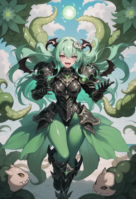 Armored succubus. Green hair. Long hair. Glowing orb hair accessory. Mantis design elements. Bone-like armor. Biological armor. Black armor. Weaponized arms. Sea anemone-shaped tentacles. Sandworms growing from her body. Multiple sandworms. Sandworm fangs.