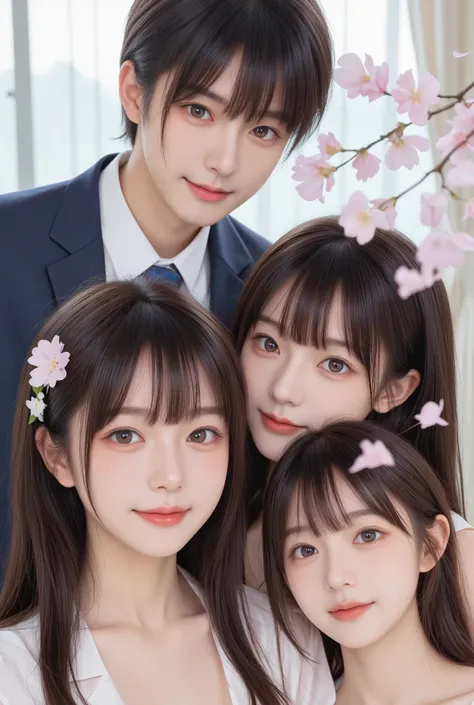 Modern. Suit man wear. Elegant couple, masculie man and 2 beautiful girl. Dark hair color. Very deatiled face. pretty eyes (perfect eyes). 8K resolution. Masterpiece. Romantic, love, glowing light. Look at the viewer. Petals. Pastel color.
