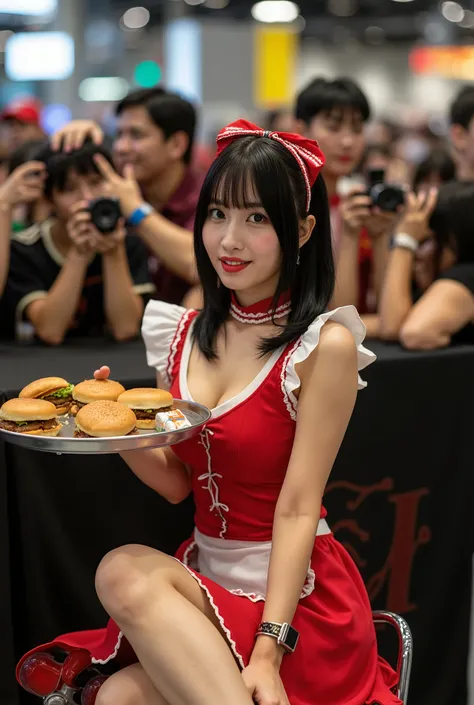 Create a portrait of a stunning Japanese female singer. She has a slender physique, medium-sized bust, and thin legs, with medium-length hair. Dress her in a waitress outfit reminiscent of a Western saloon, featuring a skirt with a small apron design and r...