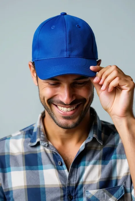 A man wearing a simple blue cap and a plaid shirt, tilting the head slightly downward, while holding the cap brim with one hand. The background is simple and light gray . Your expression is relaxed and cheerful, and his face is partially obscured by the c...