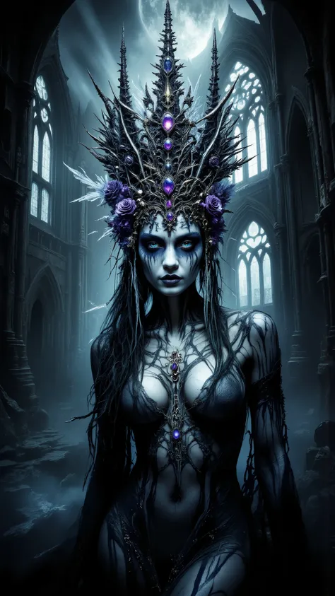  hauntingly beautiful Princess of Shadows, her pale skin adorned with intricate, flowing silver and onyx body paint that shifts like liquid night, crowned by a jagged black onyx diadem studded with glowing violet sapphires. Her regal features are accentuat...