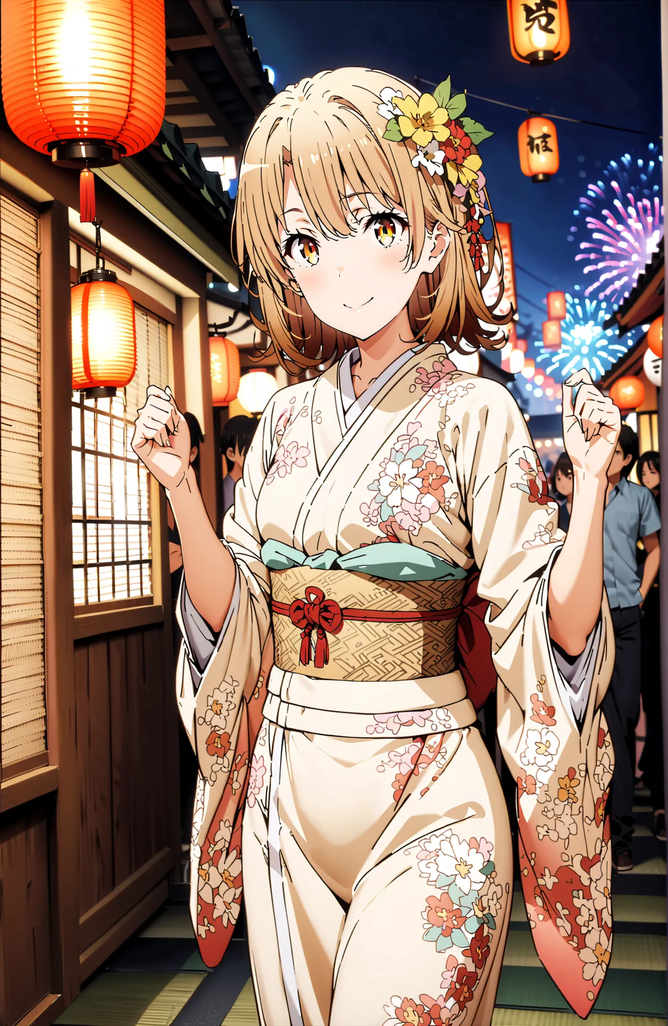 score_9, score_8_up, score_7_up, source_anime,
Iroha Isshiki, short hair, brown hair, brown eyes in the bedroom,flower hair ornament with ears,Yellow flower pattern kimono ,smile,blush,mouth,Light up fireworks,Red Lantern,Japanese stalls ,standing,night,in...