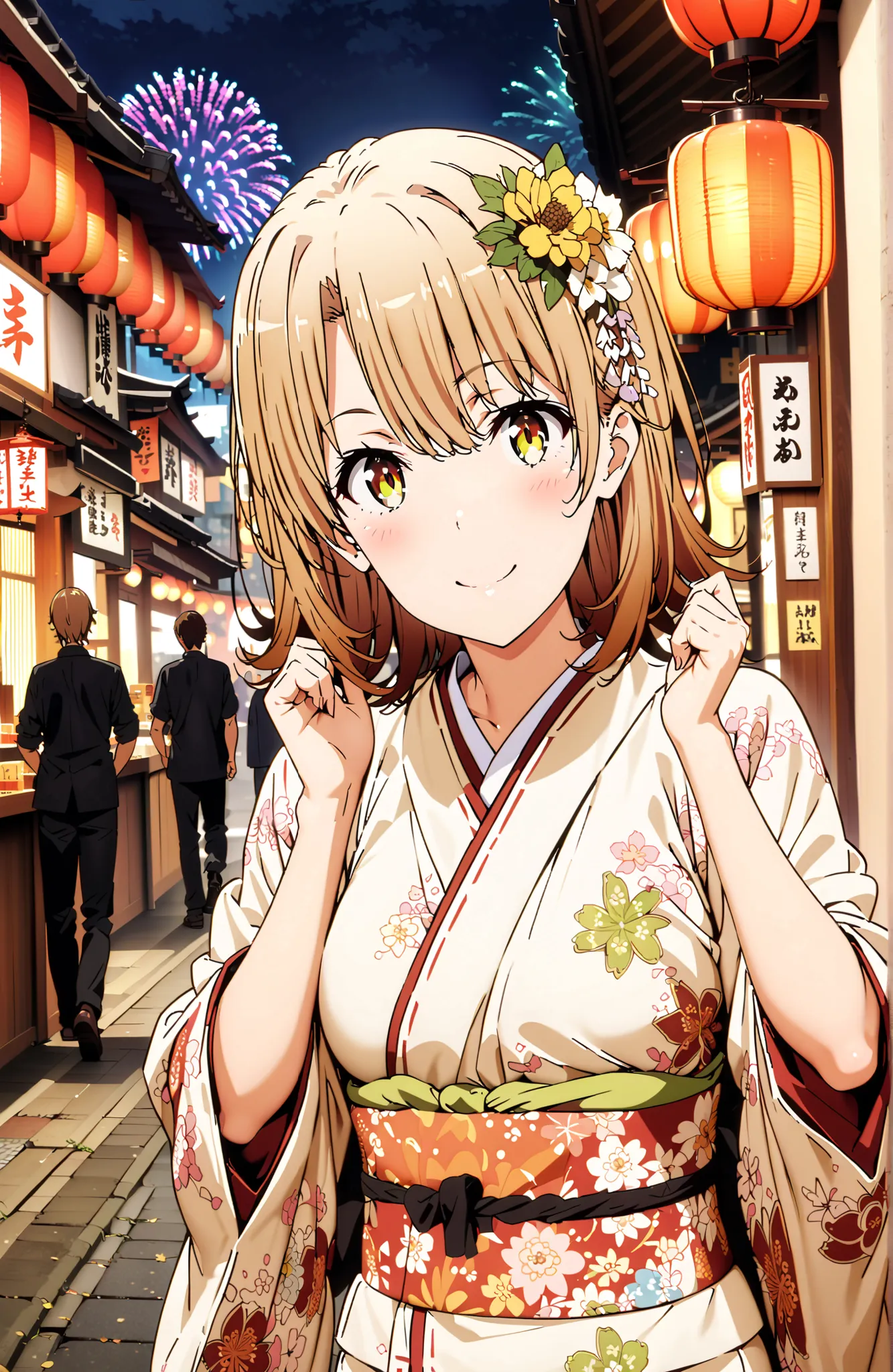 score_9, score_8_up, score_7_up, source_anime,
Iroha Isshiki, short hair, brown hair, brown eyes in the bedroom,flower hair ornament with ears,Yellow flower pattern kimono ,Medium breast,smile,blush,mouth,Light up fireworks,Red Lantern,Japanese stalls ,sta...