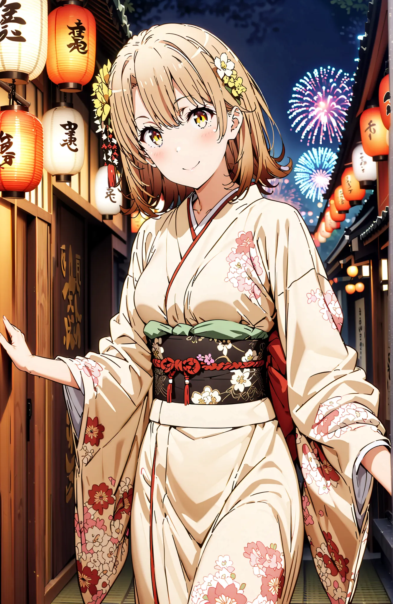 score_9, score_8_up, score_7_up, source_anime,
Iroha Isshiki, short hair, brown hair, brown eyes in the bedroom,flower hair ornament with ears,Yellow flower pattern kimono ,Medium breast,smile,blush,mouth,Light up fireworks,Red Lantern,Japanese stalls ,sta...
