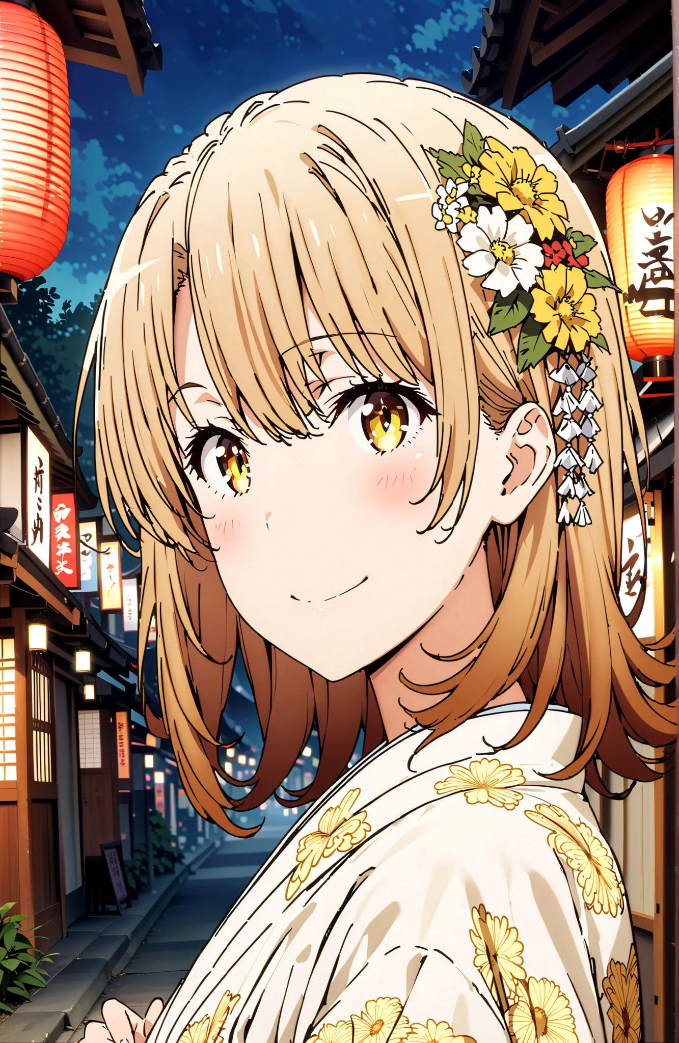 score_9, score_8_up, score_7_up, source_anime,
Iroha Isshiki, short hair, brown hair, brown eyes in the bedroom,flower hair ornament with ears,Yellow flower pattern kimono ,smile,blush,mouth,Light up fireworks,Red Lantern,Japanese stalls ,standing,night,in...