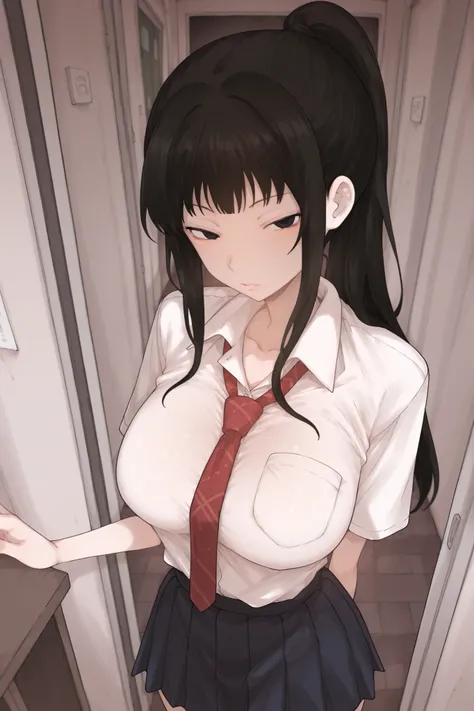 1girl, breasts, skirt, black_hair, school_uniform, necktie, black_eyes, looking_at_viewer, shirt, ponytail, long hair ,terasuMC,solo,in room, standing,