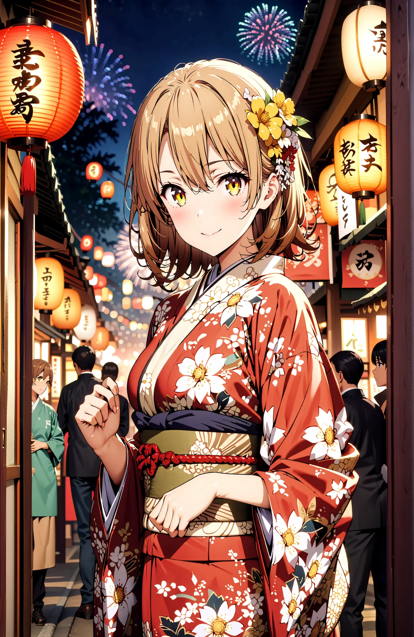 score_9, score_8_up, score_7_up, source_anime,
Iroha Isshiki, short hair, brown hair, brown eyes in the bedroom,flower hair ornament with ears,Yellow flower pattern kimono ,Medium breast,smile,blush,mouth,Light up fireworks,Red Lantern,Japanese stalls ,sta...