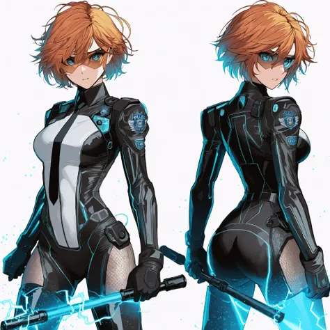 anime-style character, Girl police officer ,  athletic fitness body , a woman with messy short orange hair with shades of pink, with intense light blue eyes, dressed in an ultra technological futuristic black and white outfit fitted with lines and details ...