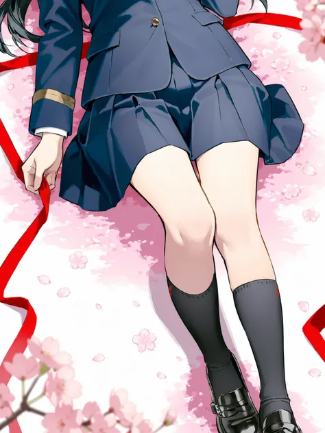 soft touch expression image quality、 soft contrast、Japanese High School Girls、long black hair、Red ribbon on back hair、cute smile、Strong windsを必死に堪える表情、Navy Blue and Green Blazer Uniform、white and blue stripe miniskirt、Black School Socks、Dark Brown Strappy ...