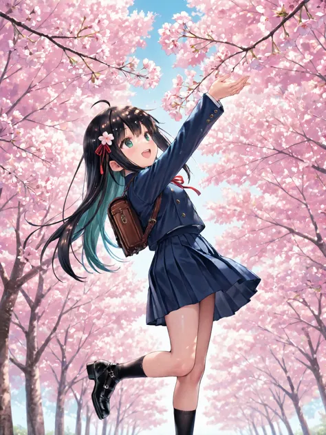soft touch expression image quality、 soft contrast、Japanese High School Girls、long black hair、Red ribbon on back hair、cute smile、Strong windsを必死に堪える表情、Navy Blue and Green Blazer Uniform、white and blue stripe miniskirt、Black School Socks、Dark Brown Strappy ...