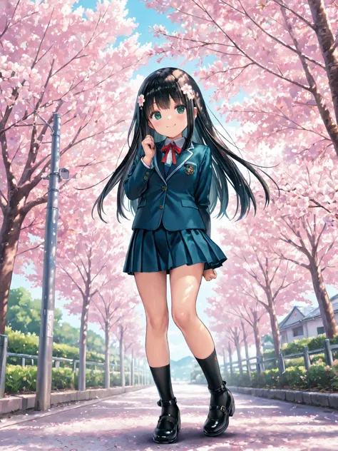 soft touch expression image quality、 soft contrast、Japanese High School Girls、long black hair、Red ribbon on back hair、cute smile、Strong windsを必死に堪える表情、Navy Blue and Green Blazer Uniform、white and blue stripe miniskirt、Black School Socks、Dark Brown Strappy ...