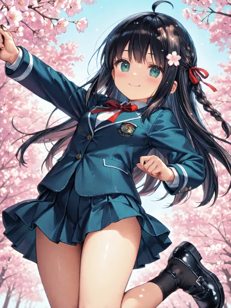 soft touch expression image quality、 soft contrast、Japanese High School Girls、long black hair、Red ribbon on back hair、cute smile、Strong windsを必死に堪える表情、Navy Blue and Green Blazer Uniform、white and blue stripe miniskirt、Black School Socks、Dark Brown Strappy ...