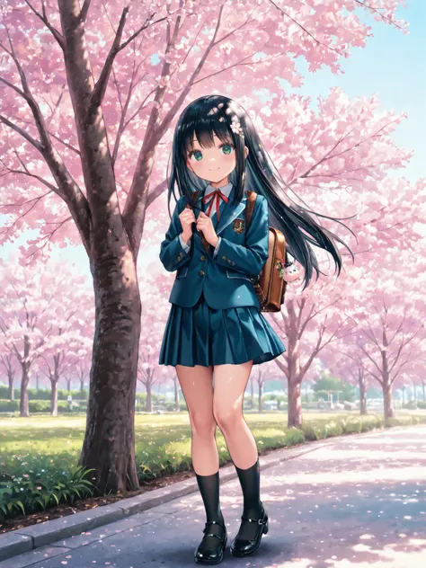 soft touch expression image quality、 soft contrast、Japanese High School Girls、long black hair、Red ribbon on back hair、cute smile、Strong windsを必死に堪える表情、Navy Blue and Green Blazer Uniform、white and blue stripe miniskirt、Black School Socks、Dark Brown Strappy ...