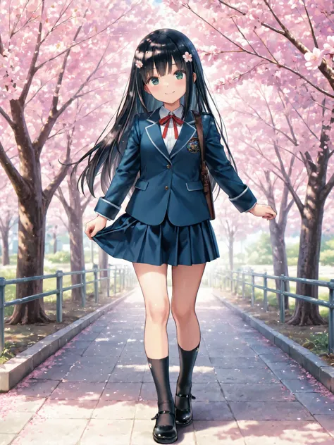 soft touch expression image quality、 soft contrast、Japanese High School Girls、long black hair、Red ribbon on back hair、cute smile、Strong windsを必死に堪える表情、Navy Blue and Green Blazer Uniform、white and blue stripe miniskirt、Black School Socks、Dark Brown Strappy ...