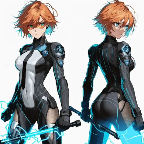 anime-style character, Girl police officer ,  athletic fitness body , a woman with messy short orange hair with shades of pink, with intense light blue eyes, dressed in an ultra technological futuristic black and white outfit fitted with lines and details ...