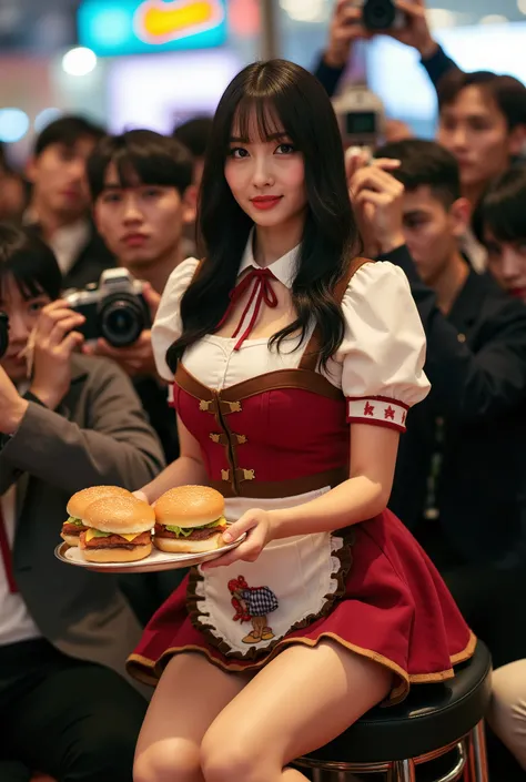 Create a portrait of a stunning Japanese female singer. She has a slender physique, medium-sized bust, and thin legs, with medium-length hair. Dress her in a waitress outfit reminiscent of a Western saloon, featuring a skirt with a small apron design and r...