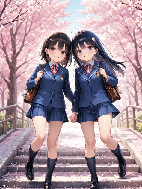 soft touch expression image quality、 soft contrast、Japanese High School Girls、long black hair、Red ribbon on back hair、cute smile、Invincible Smile、Navy Blue and Green Blazer Uniform、white and blue stripe miniskirt、Black School Socks、Dark Brown Strappy Leath...