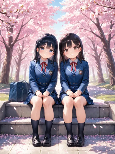 soft touch expression image quality、 soft contrast、Japanese High School Girls、long black hair、Red ribbon on back hair、cute smile、Invincible Smile、Navy Blue and Green Blazer Uniform、white and blue stripe miniskirt、Black School Socks、Dark Brown Strappy Leath...
