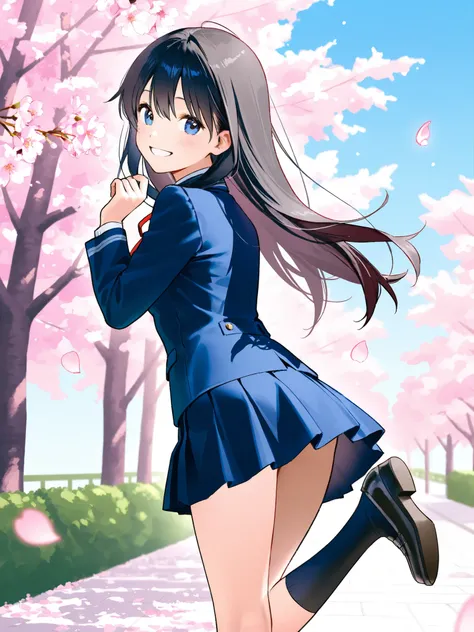 soft touch expression image quality、 soft contrast、Japanese High School Girls、long black hair、Red ribbon on back hair、cute smile、Invincible Smile、Navy Blue and Green Blazer Uniform、white and blue stripe miniskirt、Black School Socks、Dark Brown Strappy Leath...
