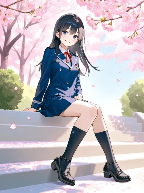 soft touch expression image quality、 soft contrast、Japanese High School Girls、long black hair、Red ribbon on back hair、cute smile、Invincible Smile、Navy Blue and Green Blazer Uniform、white and blue stripe miniskirt、Black School Socks、Dark Brown Strappy Leath...