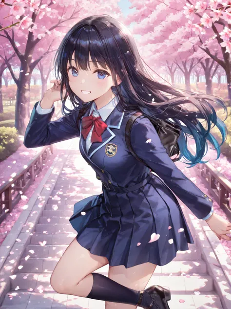 soft touch expression image quality、 soft contrast、Japanese High School Girls、long black hair、Red ribbon on back hair、cute smile、Invincible Smile、Navy Blue and Green Blazer Uniform、white and blue stripe miniskirt、Black School Socks、Dark Brown Strappy Leath...