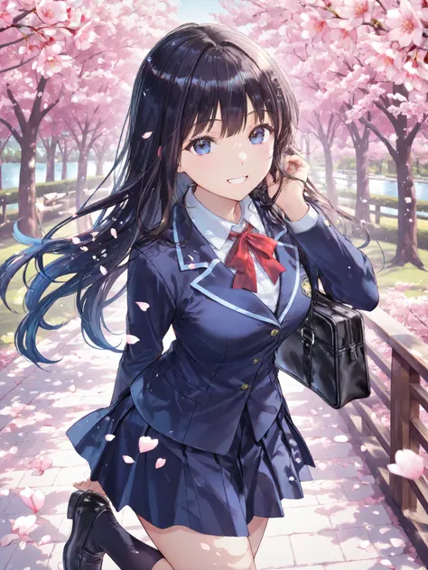soft touch expression image quality、 soft contrast、Japanese High School Girls、long black hair、Red ribbon on back hair、cute smile、Invincible Smile、Navy Blue and Green Blazer Uniform、white and blue stripe miniskirt、Black School Socks、Dark Brown Strappy Leath...