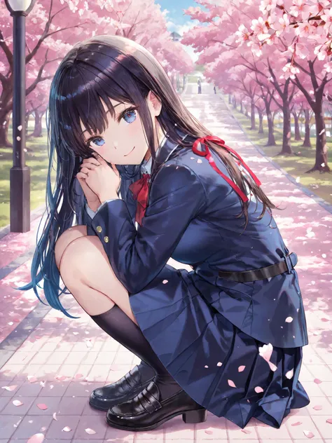 soft touch expression image quality、 soft contrast、Japanese High School Girls、long black hair、Red ribbon on back hair、cute smile、Invincible Smile、Navy Blue and Green Blazer Uniform、white and blue stripe miniskirt、Black School Socks、Dark Brown Strappy Leath...