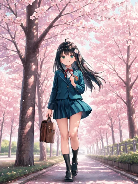 soft touch expression image quality、 soft contrast、Japanese High School Girls、long black hair、Red ribbon on back hair、cute smile、Strong windsを必死に堪える表情、Navy Blue and Green Blazer Uniform、white and blue stripe miniskirt、Black School Socks、Dark Brown Strappy ...