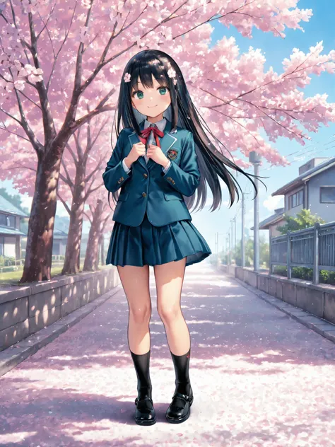 soft touch expression image quality、 soft contrast、Japanese High School Girls、long black hair、Red ribbon on back hair、cute smile、Strong windsを必死に堪える表情、Navy Blue and Green Blazer Uniform、white and blue stripe miniskirt、Black School Socks、Dark Brown Strappy ...