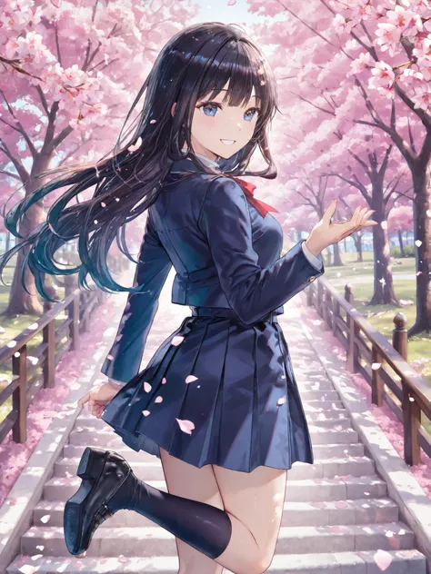 soft touch expression image quality、 soft contrast、Japanese High School Girls、long black hair、Red ribbon on back hair、cute smile、Invincible Smile、Navy Blue and Green Blazer Uniform、white and blue stripe miniskirt、Black School Socks、Dark Brown Strappy Leath...