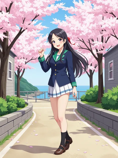 illustrated、soft touch expression image quality、 soft contrast、delicate expression of color and line by a female illustrator、Japanese High School Girls、long black hair、Red ribbon on back hair、cute smile、Invincible Smile、Navy Blue and Green Blazer Uniform、w...
