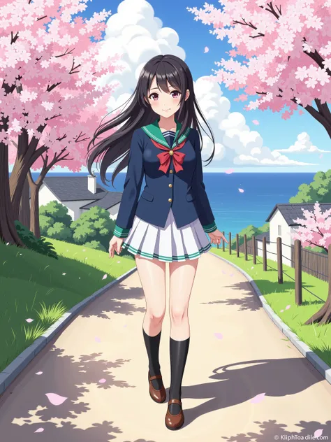 illustrated、soft touch expression image quality、 soft contrast、delicate expression of color and line by a female illustrator、Japanese High School Girls、long black hair、Red ribbon on back hair、cute smile、Invincible Smile、Navy Blue and Green Blazer Uniform、w...