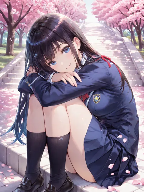 soft touch expression image quality、 soft contrast、Pretty Japanese high school girl、long black hair、Red ribbon on back hair、cute smile、Invincible Smile、Navy Blue and Green Blazer Uniform、white and blue stripe miniskirt、Black School Socks、Dark Brown Strappy...